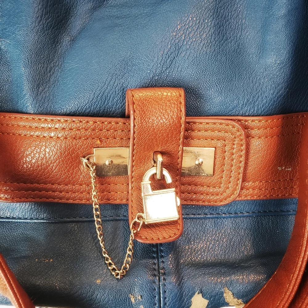 Teal Blue and Brown Strapped Hobo Gold Hardware Bag